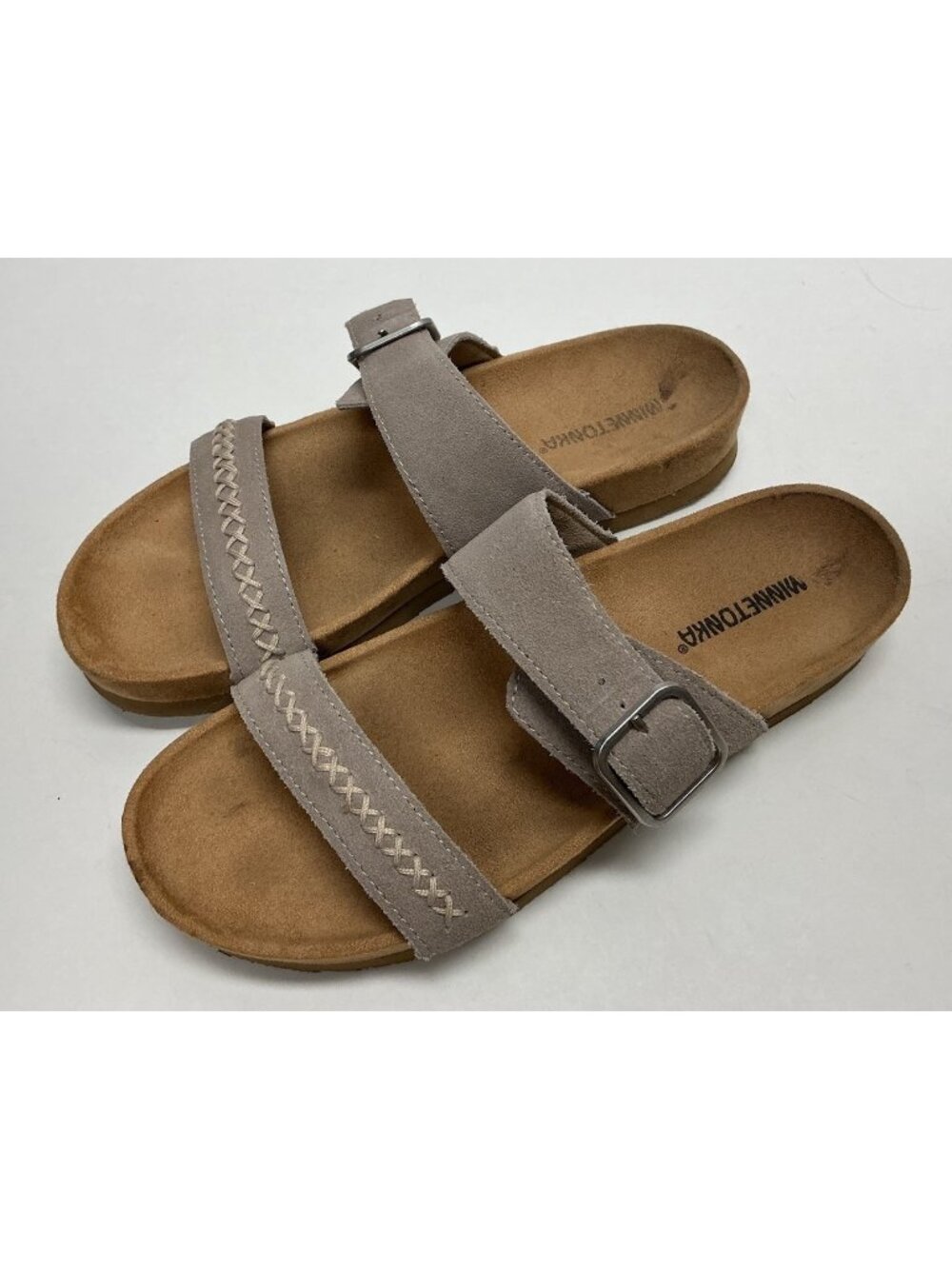 Minnetonka Gideon Sandals Womens 8 M Slide Slip On Comfort Casual Leather Beige